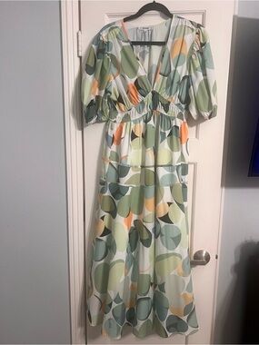 Amazon Pastel Sage and Orange Puff-Sleeve Maxi Dress
